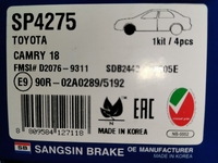 Дисковые тормозные колодки передние SANGSIN BRAKE SP4275 для Toyota Camry (2018 ->) / Rav4 (2019->) (4 шт.)